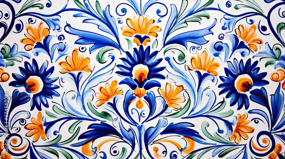 hand-painted ceramic tiles in a floral theme, for a horizontal background, product display/mock-up with copy space. Decor-themed in a JPG format. Generative AI hand-painted ceramic tiles in a floral theme, for a horizontal background, product display/mock-up with copy space. Decor-themed in a JPG format. Generative AI