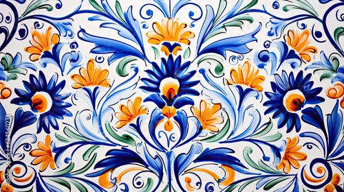 hand-painted ceramic tiles in a floral theme, for a horizontal background, product display/mock-up with copy space.  Decor-themed in a JPG format. Generative AI