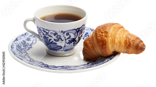 a Flow Blue China cup and saucer with a Crossiant in a Food-themed  photorealistic illustration in a PNG  cutout  and isolated. Generative AI