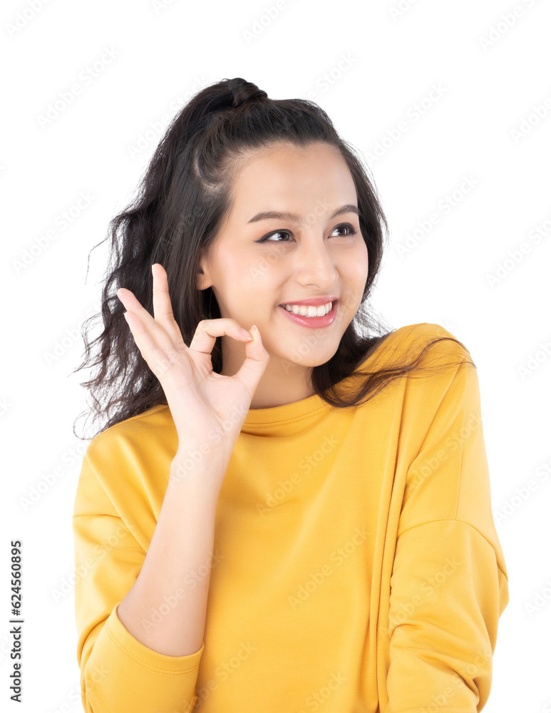 Asian young woman showing okay gesture on isolate white background Asian young woman showing okay gesture on isolate white background