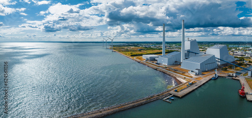 Aerial view of the Power station. One of the most beautiful and eco friendly power plants in the world. ESG green energy in Copenhagen, Denmark.