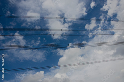 High electrical transmission line  and blue sky background