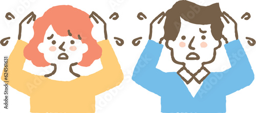 頭を抱えて焦っている夫婦_色
