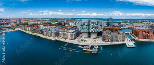 Aerial panorama of Indre Osterbro, Nordhavnen districts. New modern district in Copenhagen, Denmark. Beautiful modern buildings, Portland Towers and UN.