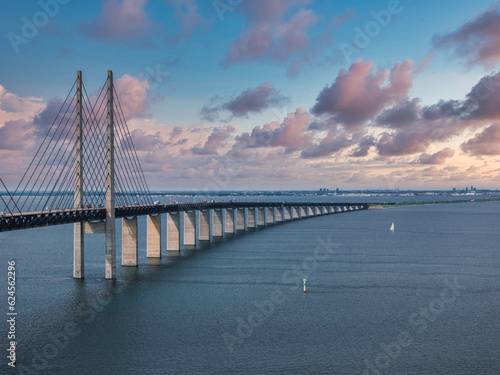 Panoramic aerial close up view of Oresund bridge over the Baltic sea between Malmo city in Sweden and Copenhagen in Denmark.