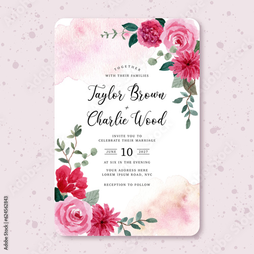 wedding invitation with rustic watercolor floral frame