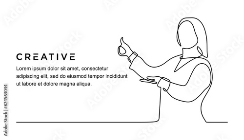 continuous line drawing of beautiful woman spreading palm aside showing thumb up