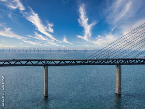 Panoramic aerial close up view of Oresund bridge over the Baltic sea between Malmo city in Sweden and Copenhagen in Denmark.