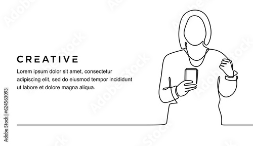 continuous line drawing of beautiful woman holding phone, showing clenched fist