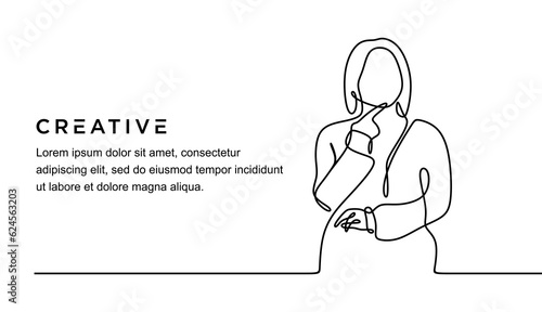 continuous line drawing of young beautiful female holding finger on chin