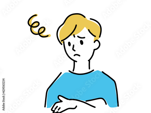 腕組みする困り顔の若い男性