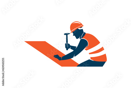 Worker Repair Roof with Hammer