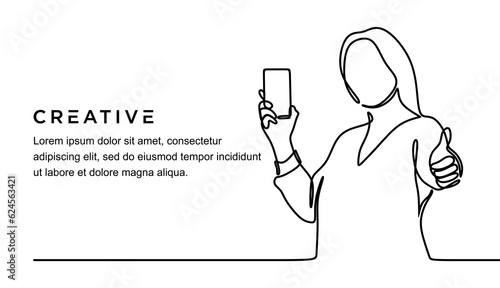 continuous line drawing of happy smiling woman holding mobile phone and showing thumbs up