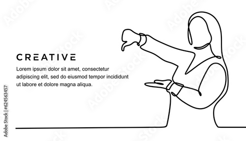 continuous line drawing of young female showing thumb down and looking confident