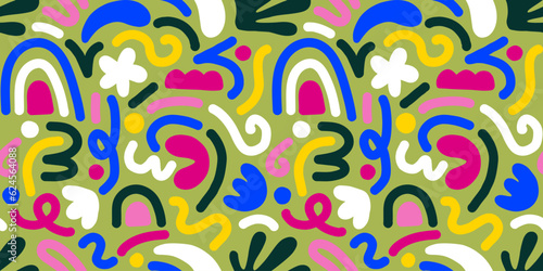 Hand drawn contemporary art collage with multicolor abstract shapes. Vector seamless pattern with modern Scandinavian design elements.