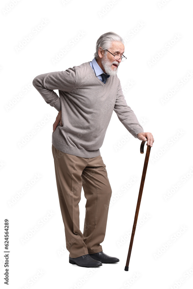 Senior man with walking cane suffering from back pain on white background Senior man with walking cane suffering from back pain on white background