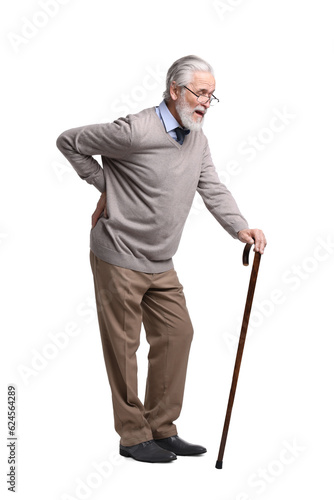 Obraz na plátně Senior man with walking cane suffering from back pain on white background