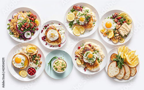 A Top-Down View of a Fancy Table, Overflowing with a Variety of Colorful and Tasty Dishes Food Dishes on a White Table. From Healthy Salads and Gourmet Appetizers Savory Soups, and Flavorful Meats, th