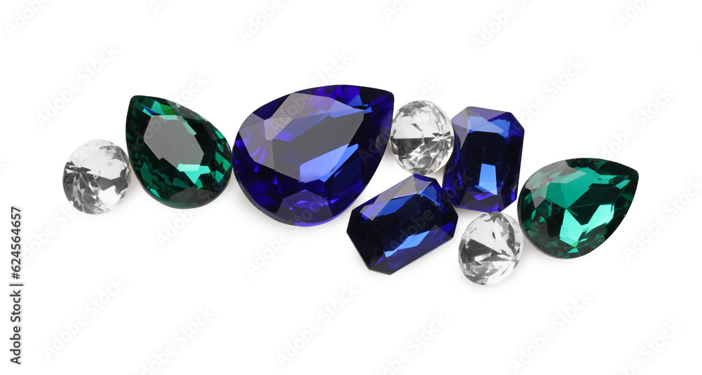 Different beautiful gemstones for jewelry isolated on white, top view Different beautiful gemstones for jewelry isolated on white, top view