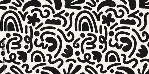 Hand drawn contemporary art collage with black and white abstract shapes. Vector seamless pattern with modern Scandinavian cut out elements.