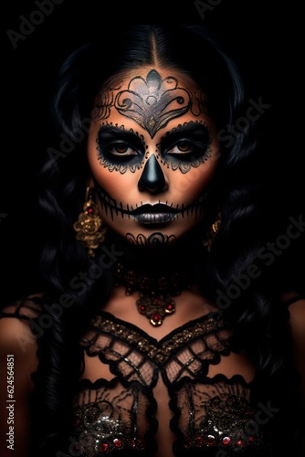 Attractive Latina woman with dark dia de los muertos make up. Vertical head shot