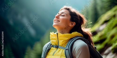 Young woman feeling the nature and breathing deeply during trekking day