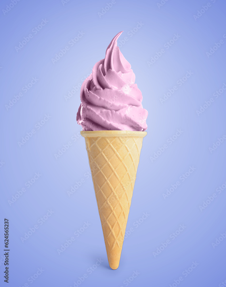 Tasty berry ice cream in waffle cone on pastel blue background. Soft serve Tasty berry ice cream in waffle cone on pastel blue background. Soft serve