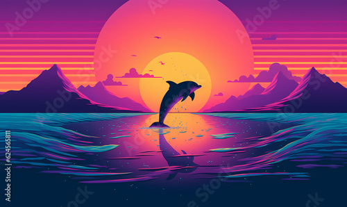 Synthwave dolphin jumping out of ocean with sunset gradient motif