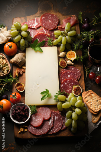 Tempting Tapas and Charcuterie Platter. A photo showcasing a selection of delicious tapas and charcuterie, with copy space on top. Culinary delights and food presentation concept. AI Generative