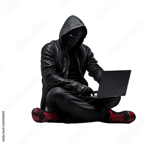 Unrecognizable hacker sitting on the floor using laptop. Isolated transparent background