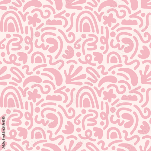 Hand drawn contemporary art collage with pink abstract shapes. Vector seamless pattern with Scandinavian cut out elements.