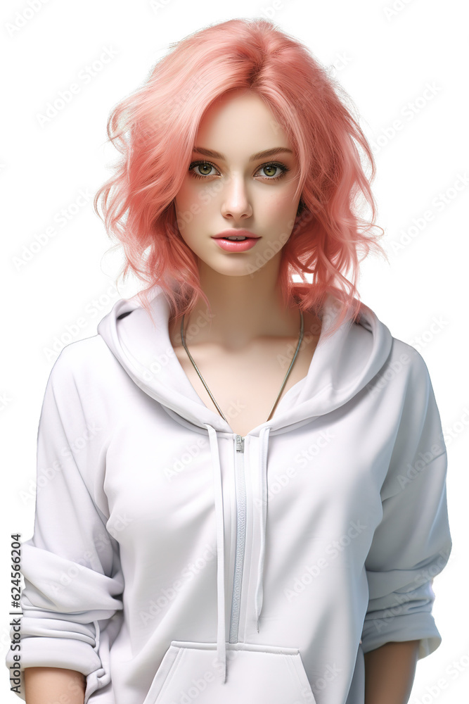 Pink hair teenage girl portrait looking at camera over isolated transparent background Pink hair teenage girl portrait looking at camera over isolated transparent background