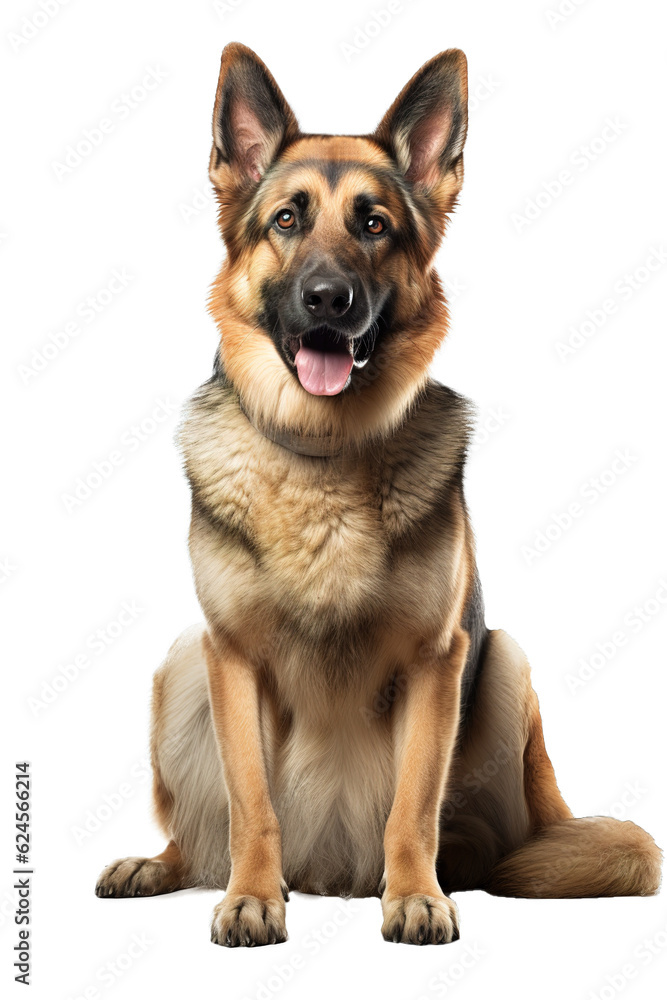 Full body shot of adult German Shepherd dog over isolated transparent background