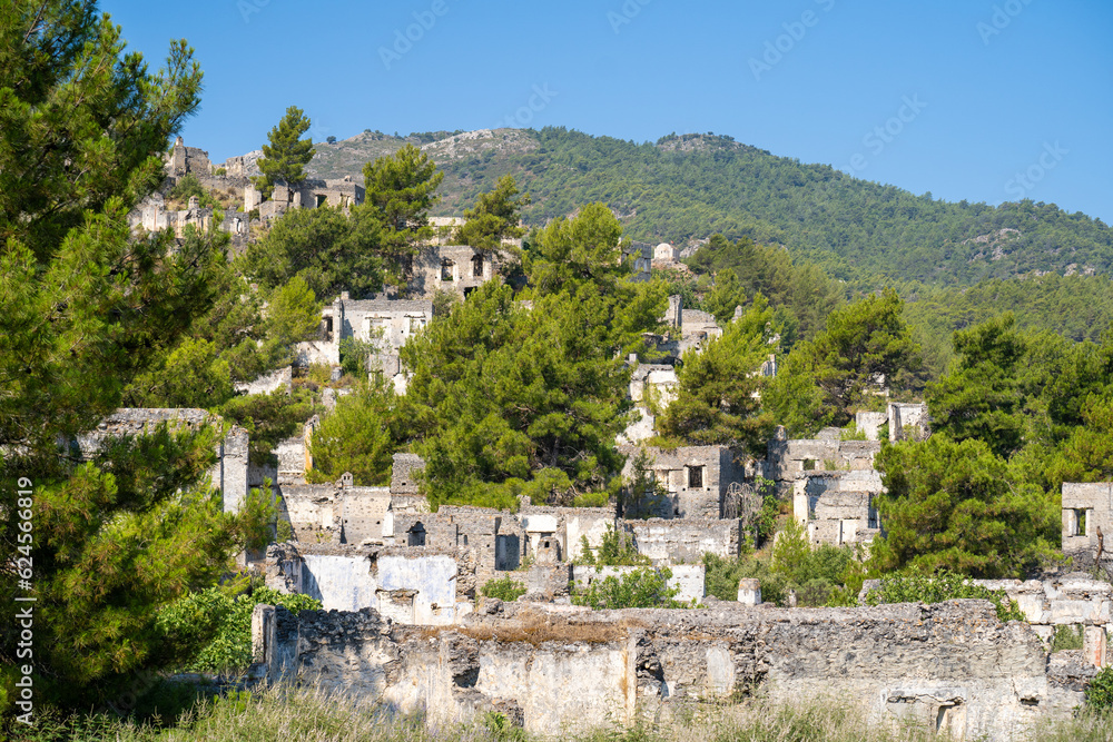 Old Greek house ruins in the ghost town of Kayakoy. Kayakoy is abandoned Greek village in Fethiye district, Turkey.