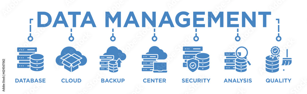 Data Management banner web icon vector illustration concept with icon of database, cloud storage incremental backup, data center, data security, data analysis, data quality Data Management banner web icon vector illustration concept with icon of database, cloud storage incremental backup, data center, data security, data analysis, data quality