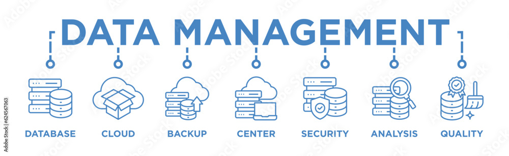 Data Management banner web icon vector illustration concept with icon of database, cloud storage incremental backup, data center, data security, data analysis, data quality Data Management banner web icon vector illustration concept with icon of database, cloud storage incremental backup, data center, data security, data analysis, data quality