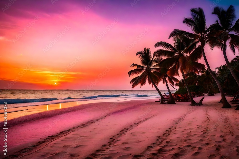 Transport yourself to a serene beach at sunset, where the sky is ablaze with a breathtaking palette of pink, orange, and purple, reflecting on the glassy waters.  generated by AI tools