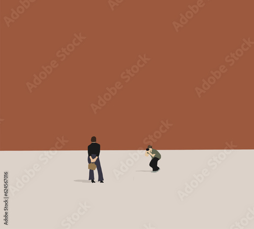 Man taking photo of woman on city street while they're touring vacation holiday. Professional photo shooting outdoors.