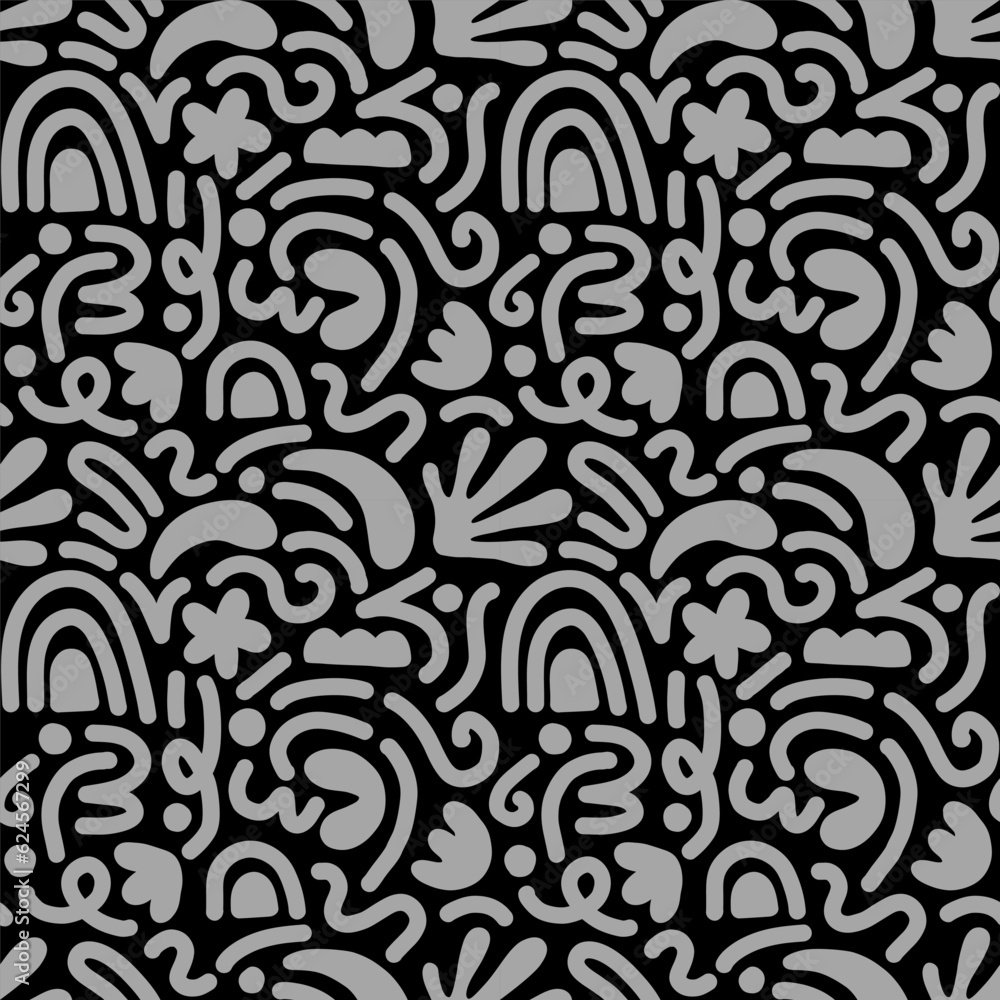 Obraz premium Hand drawn contemporary art collage with black and gray abstract shapes. Vector seamless pattern with Scandinavian cut out elements.