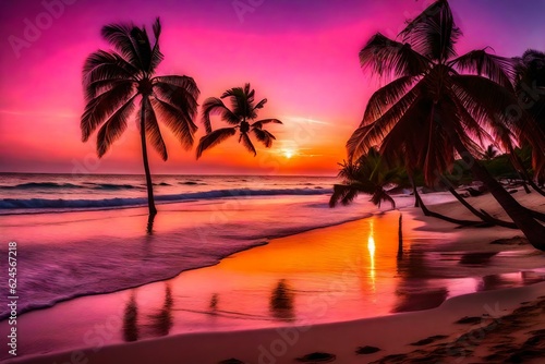 Transport yourself to a serene beach at sunset  where the sky is ablaze with a breathtaking palette of pink  orange  and purple  reflecting on the glassy waters.  generated by AI tools
