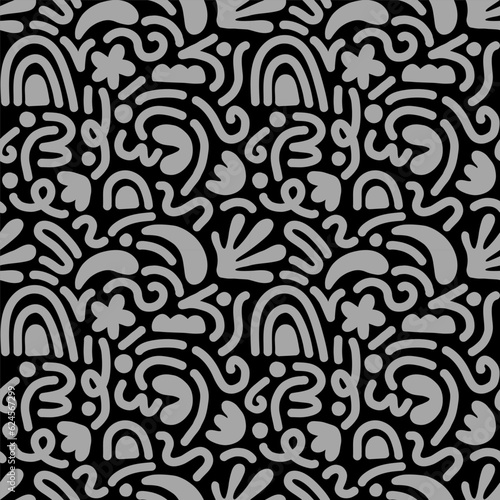 Hand drawn contemporary art collage with black and gray abstract shapes. Vector seamless pattern with Scandinavian cut out elements.