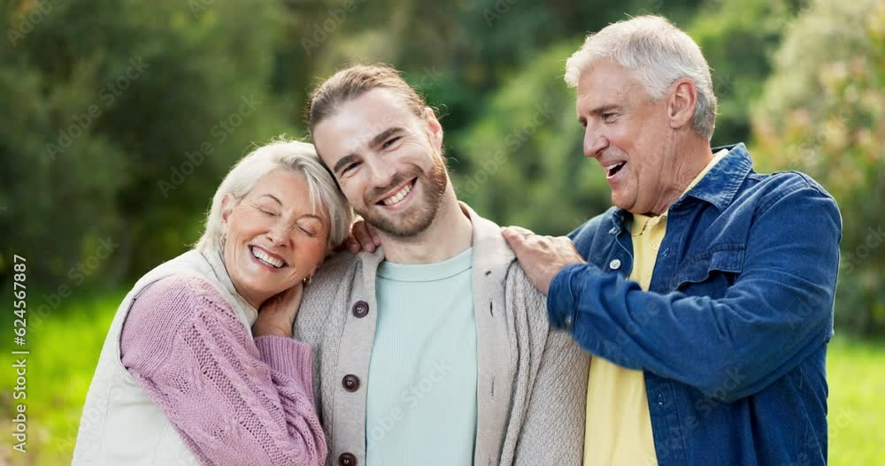 Face, outdoor and senior parents with son, having fun and bonding together. Portrait, family and elderly mother and father with man laughing, funny and enjoying happy time in nature, garden or park. Face, outdoor and senior parents with son, having fun and bonding together. Portrait, family and elderly mother and father with man laughing, funny and enjoying happy time in nature, garden or park.