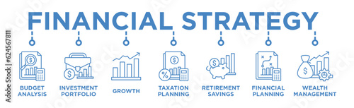 Financial strategy banner web icon vector illustration concept with icon of budget analysis, investment portfolio, growth, taxation planning,retirement savings, financial planning, wealth management