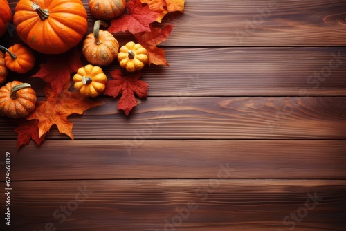 pumpkins and fallen leaves on wooden background. Copy space for text. Halloween, Thanksgiving day or seasonal autumnal