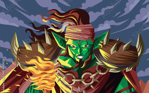 savage green orc with fire torch