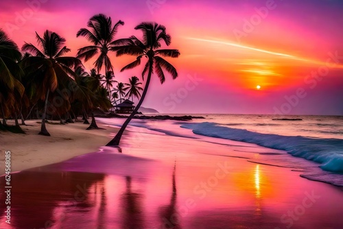 Transport yourself to a serene beach at sunset  where the sky is ablaze with a breathtaking palette of pink  orange  and purple  reflecting on the glassy waters.  generated by AI tools