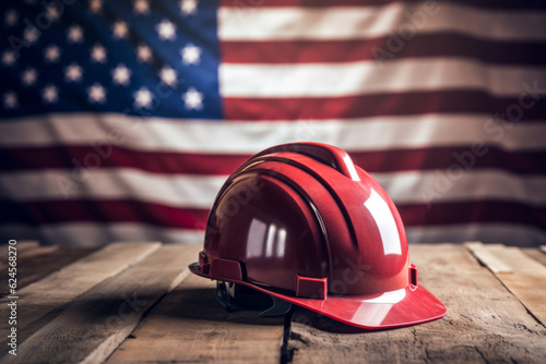 Labor day background construction hard hat with an american flag