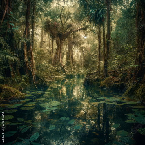 A view of a river in the desolate amazon rainforest. Generative AI © designermetin