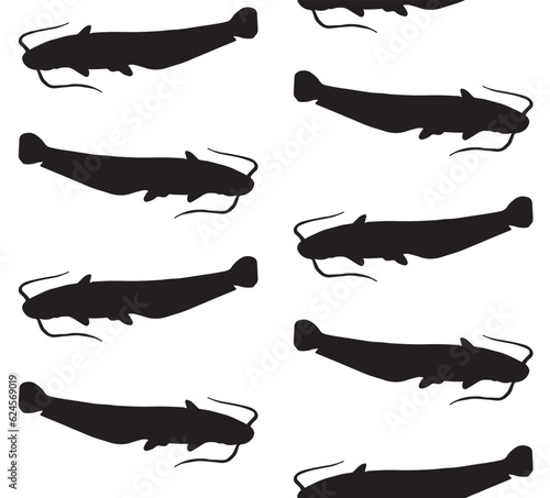 Vector seamless pattern of hand drawn catfish fish silhouette isolated on white background