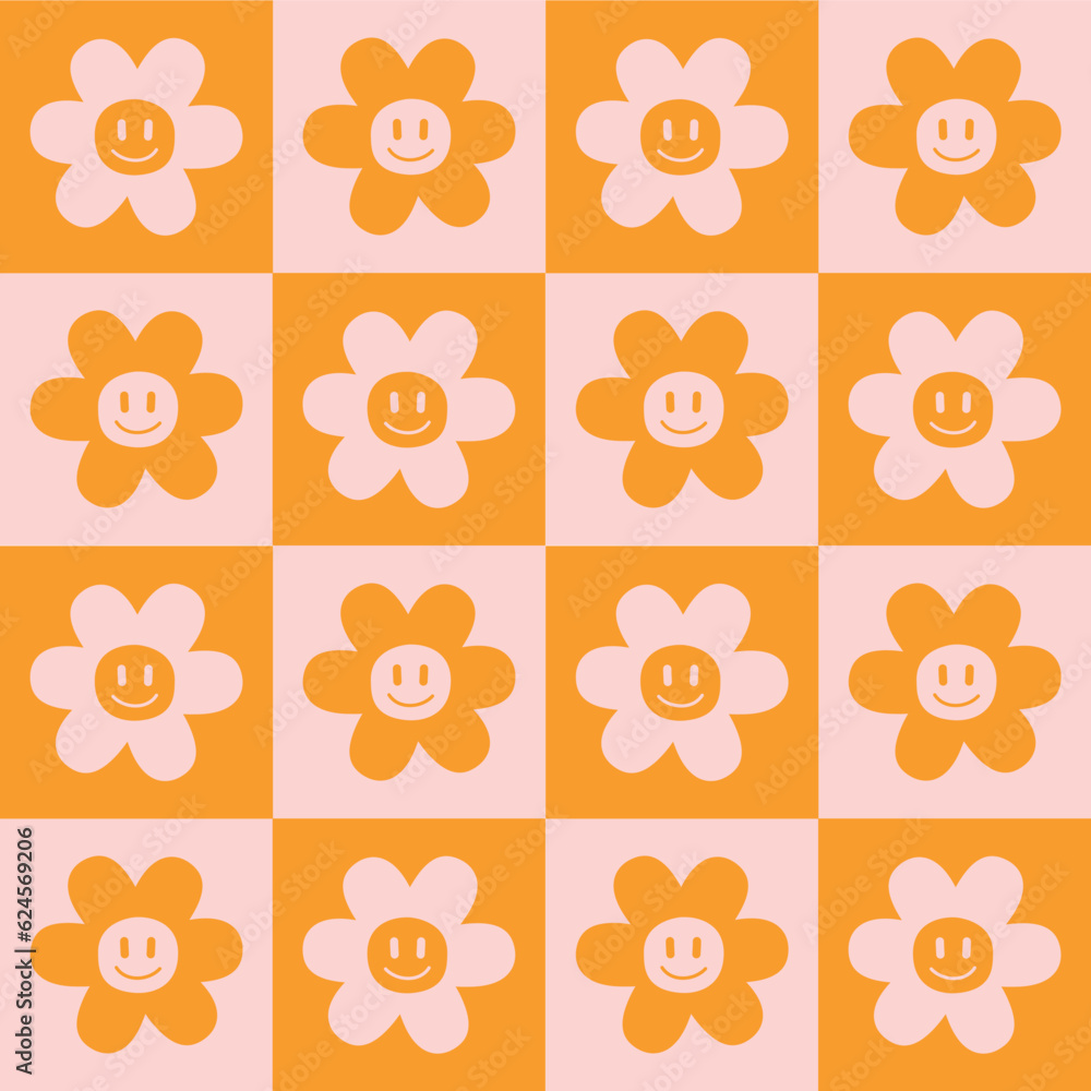Vector seamless pattern of groovy retro flower isolated on checkered chessboard background Vector seamless pattern of groovy retro flower isolated on checkered chessboard background